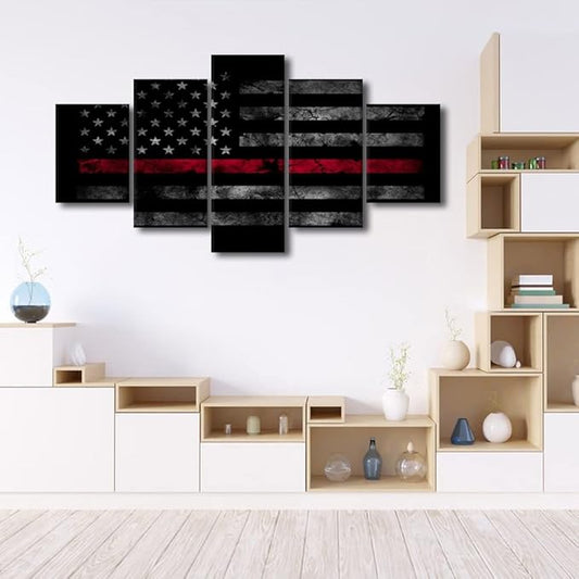 5 Pieces Retro American Flag Wall Art Black White and Red US Flag Painting Prints Artwork Modern Home Decor Canvas Wall Art for Home and Office Wooden Decoration Framed Ready to Hang 60x32 in