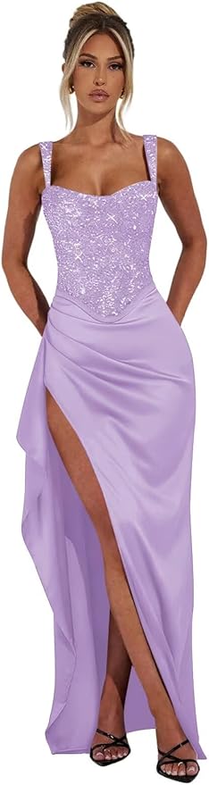 Basgute Sparkly Sequin Prom Dresses for Women 2026 Mermaid Corset Long Slit Ball Gown Formal Evening Party Dress