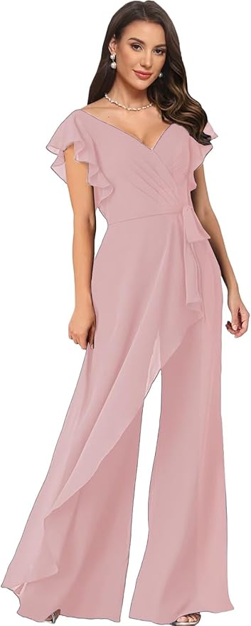Chiffon Mother of The Bride Jumpsuits for Women Asymmetrical Pant Suits Flutter Sleeve V Neck Formal Evening Outfits
