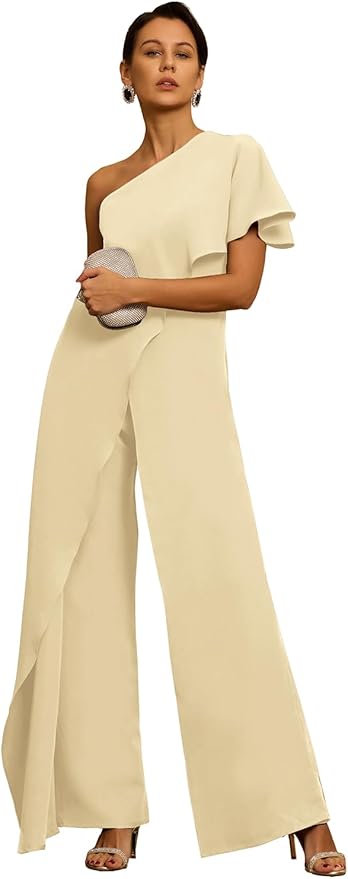 Mother of The Bride Jumpsuit Chiffon One Shoulder Ruffles Wedding Guest Pantsuit for Women