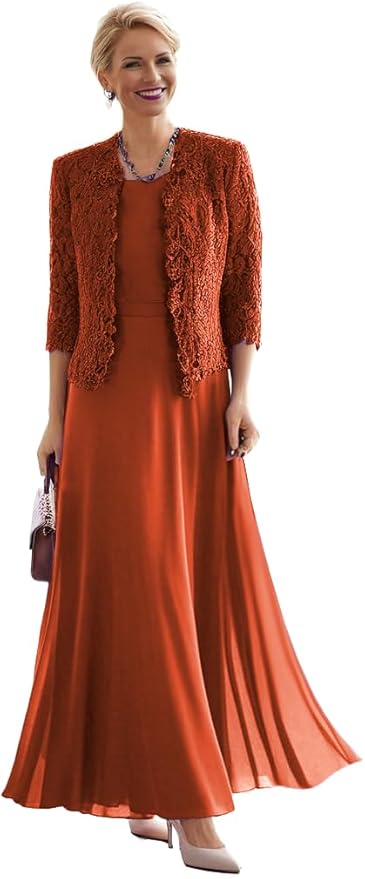 2 Pieces Mother of The Bride Dresses for Women Laces Mother of The Groom Dress 3/4 Sleeve Chiffon Formal Evening Dresses