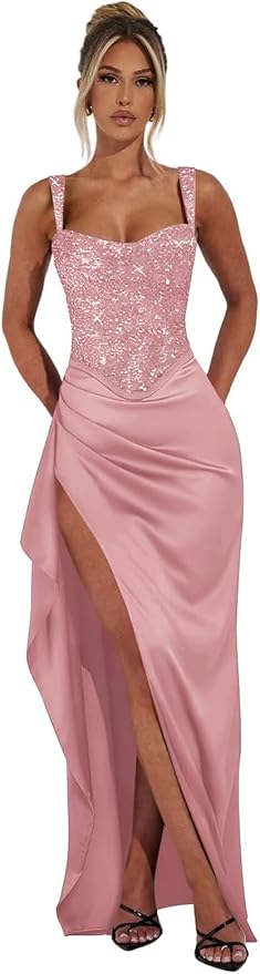 Basgute Sparkly Sequin Prom Dresses for Women 2026 Mermaid Corset Long Slit Ball Gown Formal Evening Party Dress