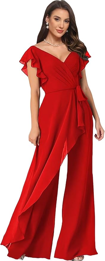 Chiffon Mother of The Bride Jumpsuits for Women Asymmetrical Pant Suits Flutter Sleeve V Neck Formal Evening Outfits