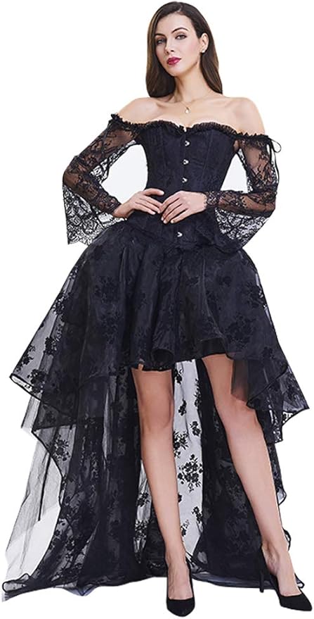 Kimring Women's Steampunk Victorian Off Shoulder Corset Top with High Low Skirt