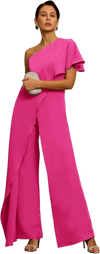 Mother of The Bride Jumpsuit Chiffon One Shoulder Ruffles Wedding Guest Pantsuit for Women