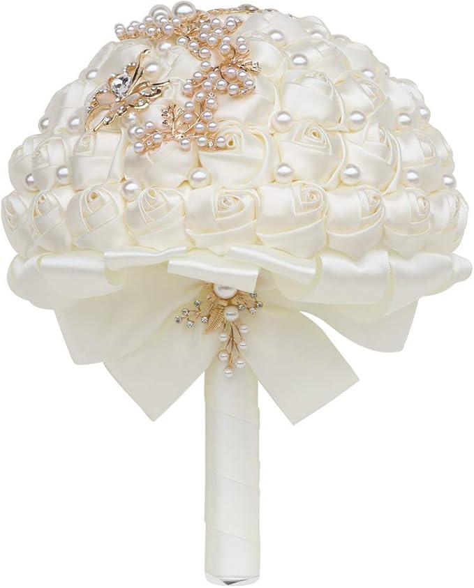 Handmade Wedding Bride Bridesmaid Bridal Bouquet Rose Holding Toss Artificial Flowers Bouquets with Satin Ribbon Pearls Rhinestone for Wedding Celebration Valentine’s Day Parties Bouquet Decor