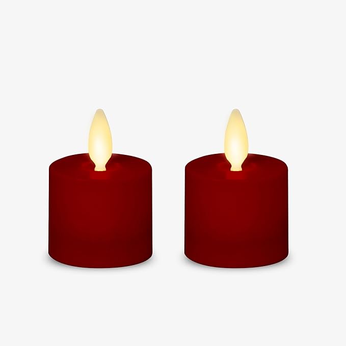 Luminara Moving Flame LED Flameless Tealight (1.4" x 2") Remote Ready Battery Operated Plastic LED Flameless Tea Light - Smooth Matte - Pearl Ivory (2-Pack Burgundy)