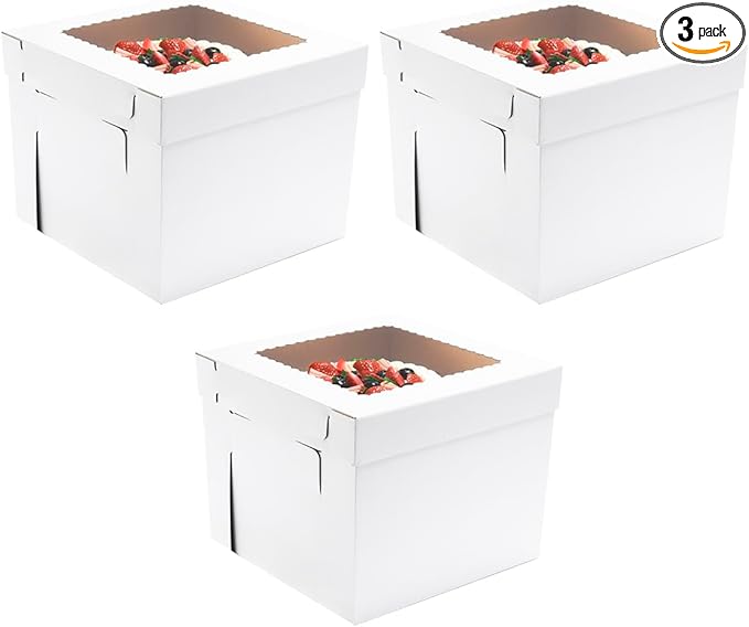 JJO Tall Cake Boxes for Tier Cakes, 14x14x12 Inches 3 Pack,Whie Cake Boxes with Window,Disposable Cake Containers, Sturdy Wedding Tall Cake Carrier