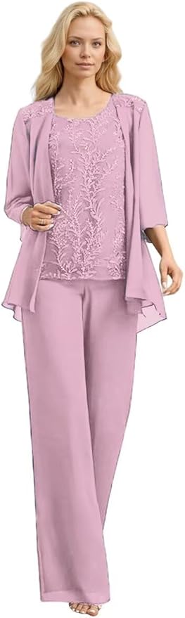 3 Pieces Mother of The Bride Pant Suits Long Laces Appliques 3/4 Sleeves Chiffon Mother of The Groom Dress