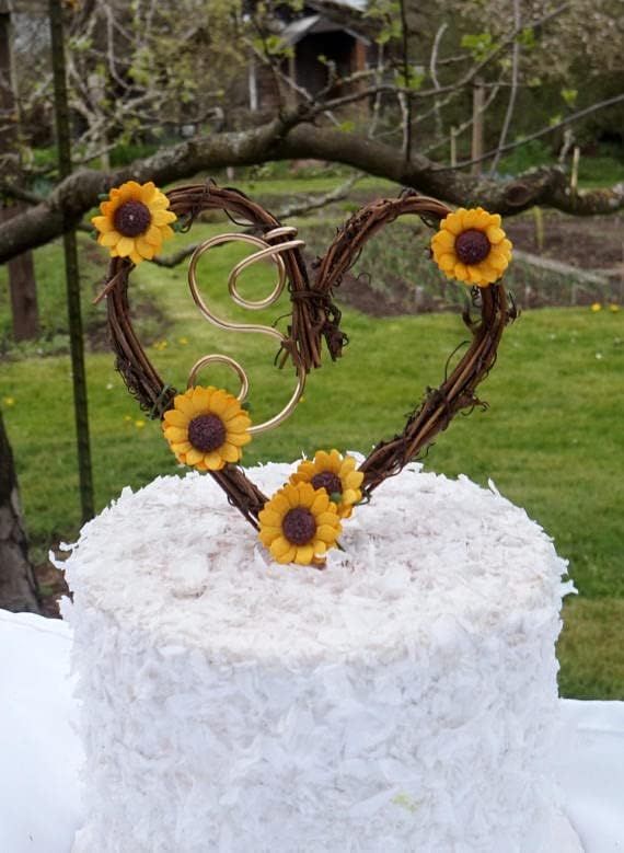 Country Wedding Cake Topper with Letter Personalization and Sunflowers