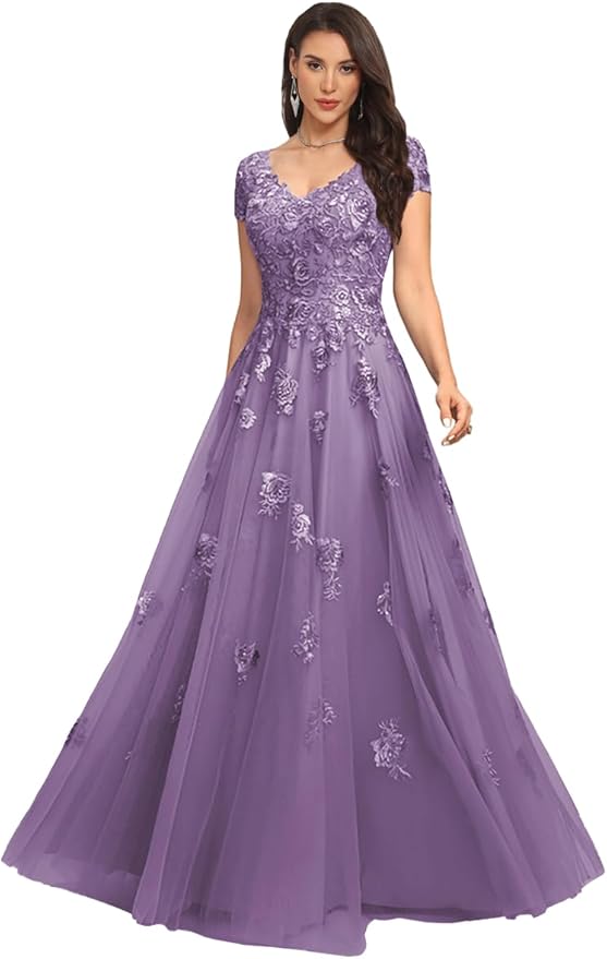 Mother of The Bride Dresses Sleeve Laces Applique V Neck Evening Gowns Cap Sleeves Grandmother of The Groom Dress