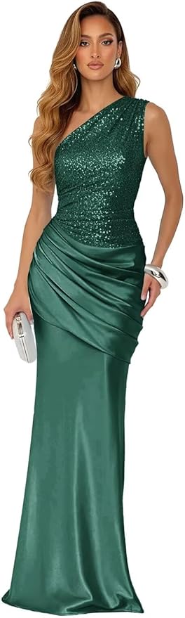 Sparkly Sequins Mermaid Prom Dress 2026 for Women Long Satin One Shoulder Asymmetrical Pleated Formal Evening Gown