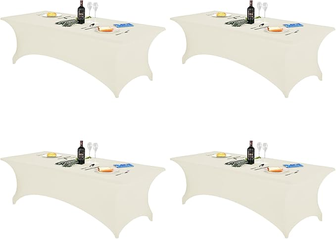 FORLIFE 4Pack Spandex Table Covers，Fitted Tablecloth for Rectangular Tables, Stretch Patio Table Covers, Universal Spandex Table Cover for Wedding, Banquet, Party (8ft, Ivory)