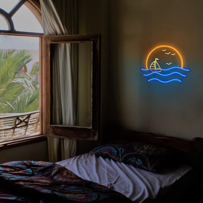 Sunset Neon Sign for Bedroom, Sunrise & Sunset at Sea Neon Light Sign for Wall Decor, 5V Sailboat Neon Sign for Living Room Bar Office, Housewarming Gift, 17x13 IN by JXIN