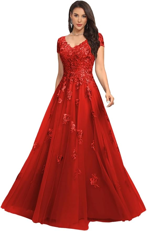 Mother of The Bride Dresses Sleeve Laces Applique V Neck Evening Gowns Cap Sleeves Grandmother of The Groom Dress