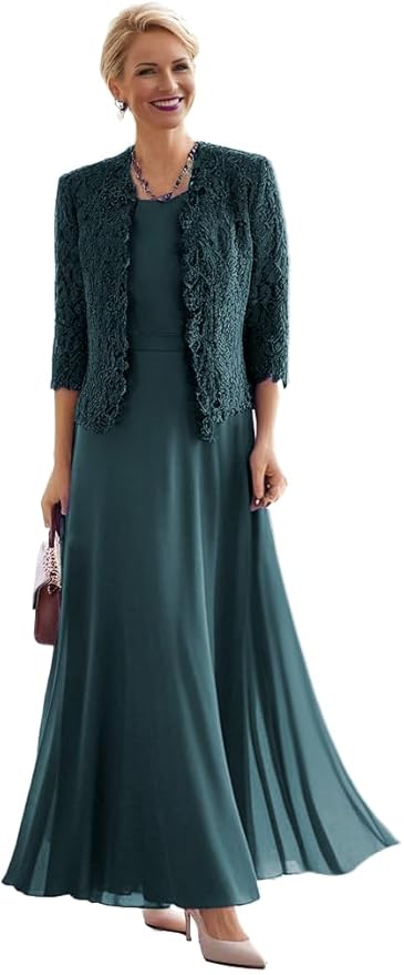 2 Pieces Mother of The Bride Dresses for Women Laces Mother of The Groom Dress 3/4 Sleeve Chiffon Formal Evening Dresses