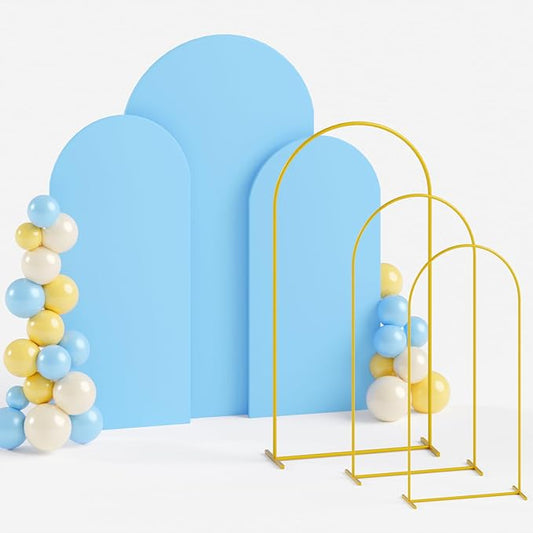 Backdrop Arch Stand with Cover 6&6.6&7.2ft Baby Blue Backdrop Arch Cover Set of 3 Metal Arch Backdrop Stand and Covers Set Gold Wedding Arched Frame for Wedding Party Banquet Event Decor