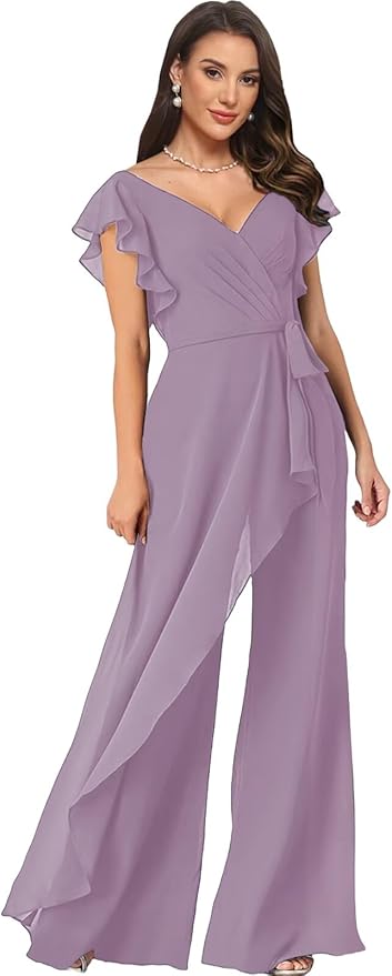Chiffon Mother of The Bride Jumpsuits for Women Asymmetrical Pant Suits Flutter Sleeve V Neck Formal Evening Outfits