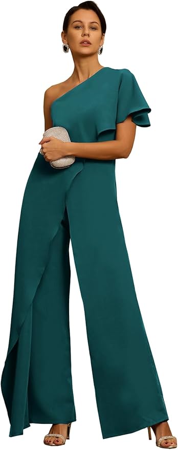 Mother of The Bride Jumpsuit Chiffon One Shoulder Ruffles Wedding Guest Pantsuit for Women