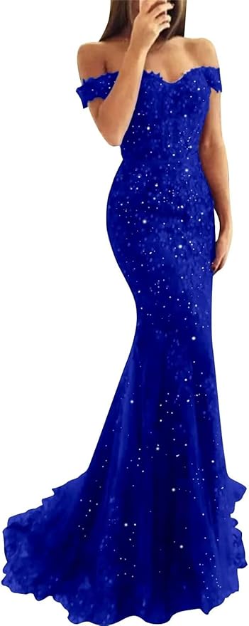 Tulle Long Prom Dresses Off The Shoulder Mermaid Dress with Elegant Laces Appliques Formal Evening Party Gowns