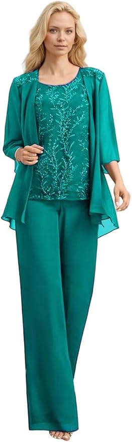3 Pieces Mother of The Bride Pant Suits Long Laces Appliques 3/4 Sleeves Chiffon Mother of The Groom Dress