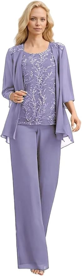 3 Pieces Mother of The Bride Pant Suits Long Laces Appliques 3/4 Sleeves Chiffon Mother of The Groom Dress