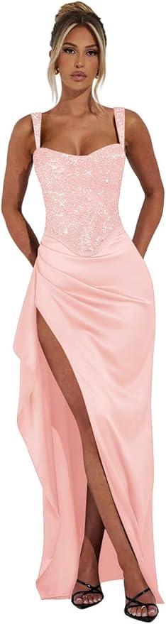 Basgute Sparkly Sequin Prom Dresses for Women 2026 Mermaid Corset Long Slit Ball Gown Formal Evening Party Dress