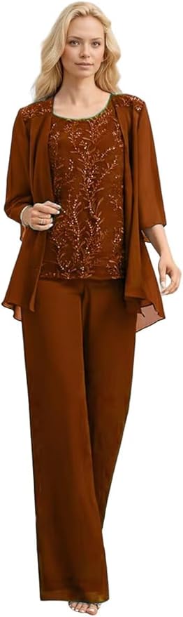 3 Pieces Mother of The Bride Pant Suits Long Laces Appliques 3/4 Sleeves Chiffon Mother of The Groom Dress