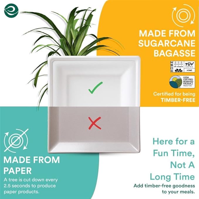 ECO SOUL 6 Inch Compostable Disposable Paper Plates [400 Pack] Food Safe 100% Virgin Bagasse Pulp Heavy Duty Biodegradable Microwave Safe Small Square Dessert Plate for Party, Picnic & BBQ (White)