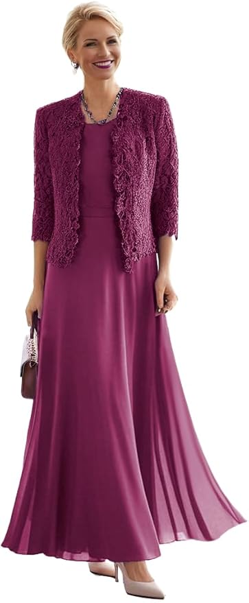 2 Pieces Mother of The Bride Dresses for Women Laces Mother of The Groom Dress 3/4 Sleeve Chiffon Formal Evening Dresses