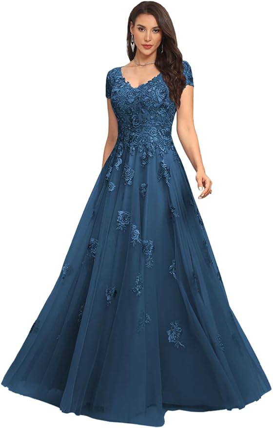 Mother of The Bride Dresses Sleeve Laces Applique V Neck Evening Gowns Cap Sleeves Grandmother of The Groom Dress
