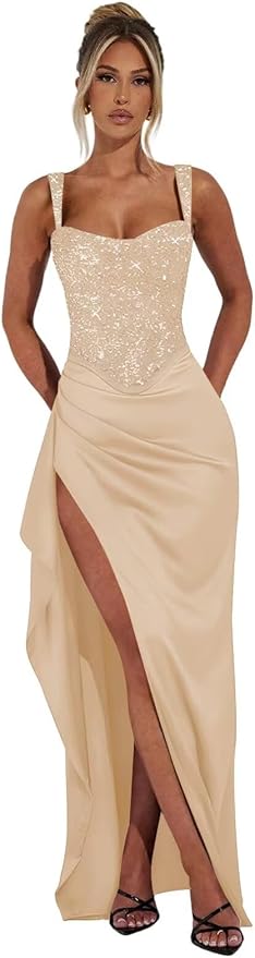 Basgute Sparkly Sequin Prom Dresses for Women 2026 Mermaid Corset Long Slit Ball Gown Formal Evening Party Dress