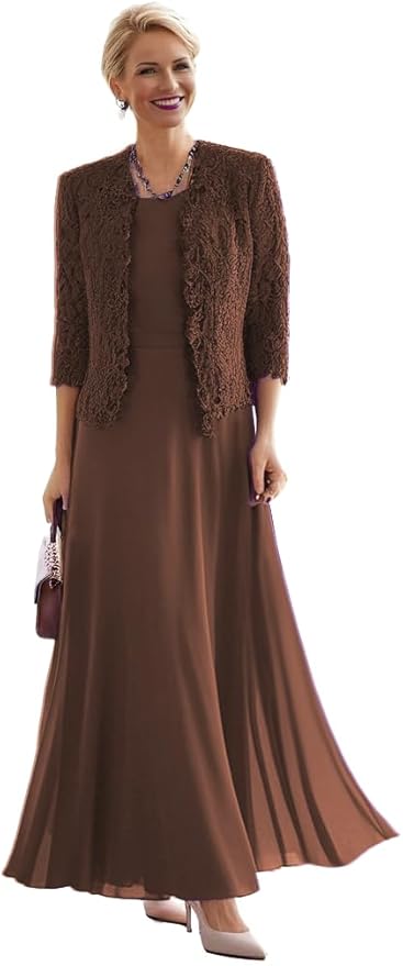 2 Pieces Mother of The Bride Dresses for Women Laces Mother of The Groom Dress 3/4 Sleeve Chiffon Formal Evening Dresses