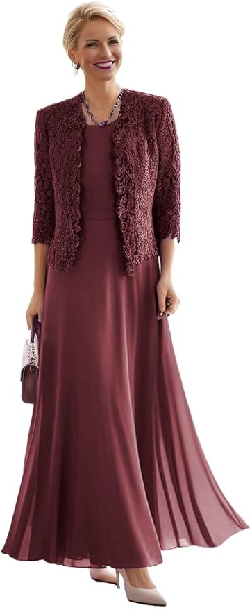 2 Pieces Mother of The Bride Dresses for Women Laces Mother of The Groom Dress 3/4 Sleeve Chiffon Formal Evening Dresses