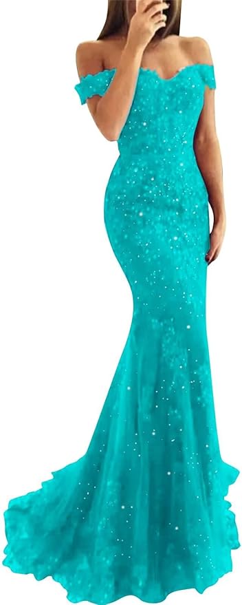 Tulle Long Prom Dresses Off The Shoulder Mermaid Dress with Elegant Laces Appliques Formal Evening Party Gowns