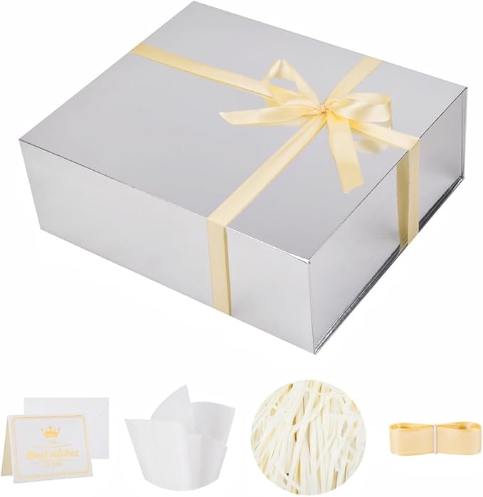 UoeRing 1 Extra Large Silver Gift Box 17x14.5x6 inch Luxury Gift Box for Presents with Magnetic Closure Lid Collapsible,Birthday,Christmas,Contains Card, Ribbon,Tissue Paper,Shredded Paper Filler