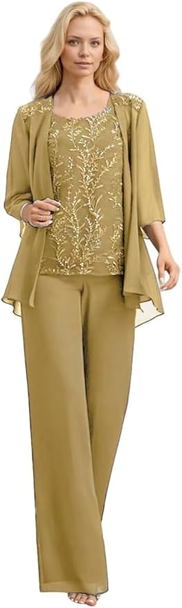 3 Pieces Mother of The Bride Pant Suits Long Laces Appliques 3/4 Sleeves Chiffon Mother of The Groom Dress