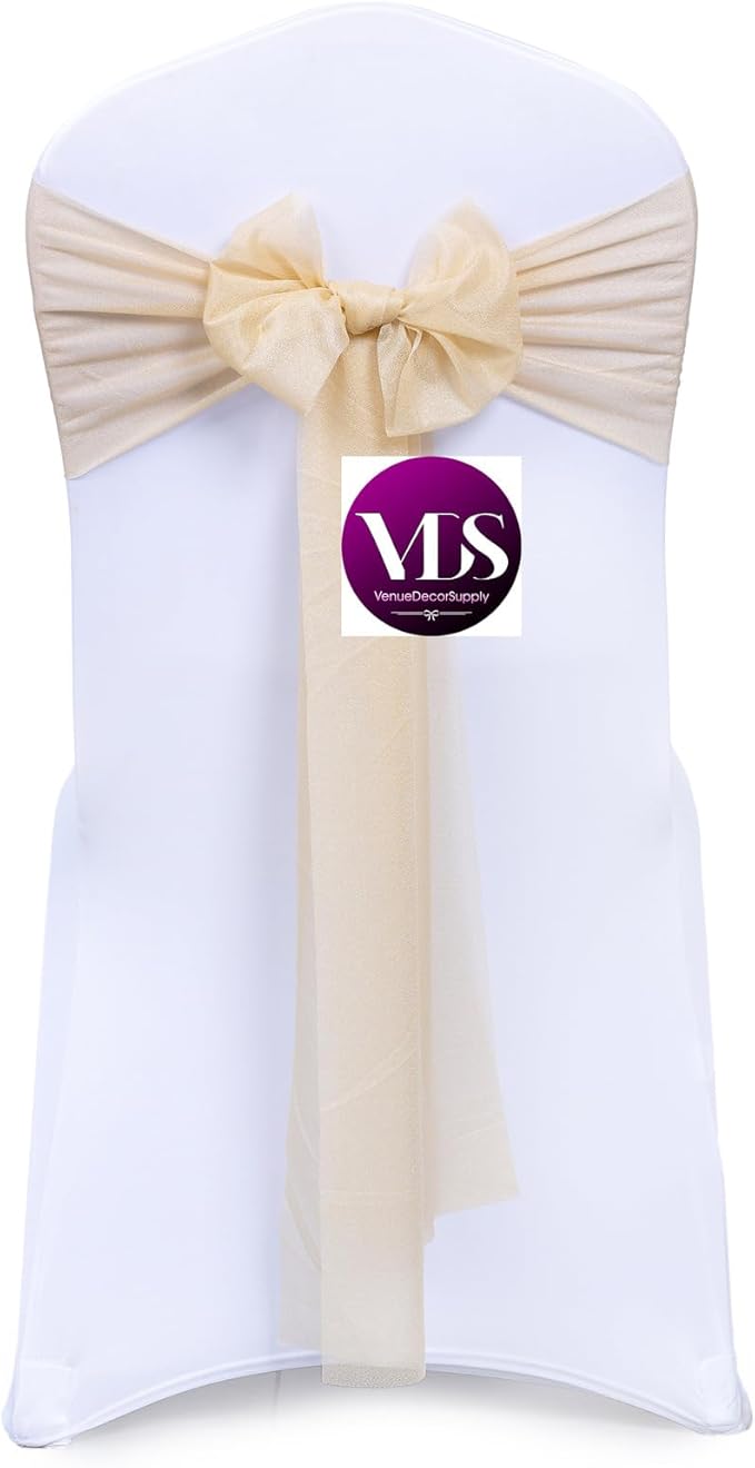 VDS Pack of 125, Champagne, Sheer Chiffon Chair Sashes Bows Chair Cover Back Tie Ribbon for Wedding Birthday Baby Shower Engagement Ceremony Event Party Banquet Restaurant Dining Chair Decoration