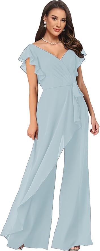 Chiffon Mother of The Bride Jumpsuits for Women Asymmetrical Pant Suits Flutter Sleeve V Neck Formal Evening Outfits