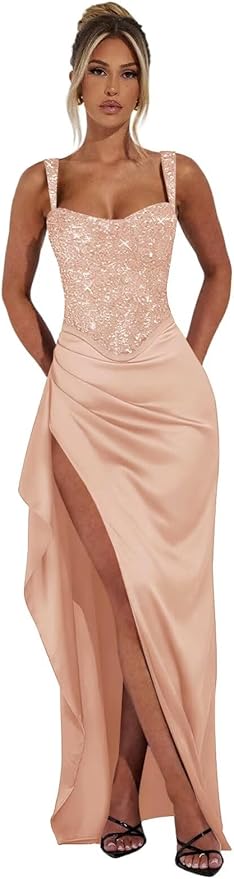 Basgute Sparkly Sequin Prom Dresses for Women 2026 Mermaid Corset Long Slit Ball Gown Formal Evening Party Dress
