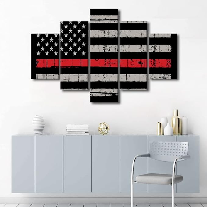 TISHIRON 5 Piece American Flag Wall Art Black and White Graffiti Red Line Painting Prints Artwork Modern Home Decor Canvas Wall Art for Home and Office Wooden Decoration Framed Ready to Hang 60x40 in