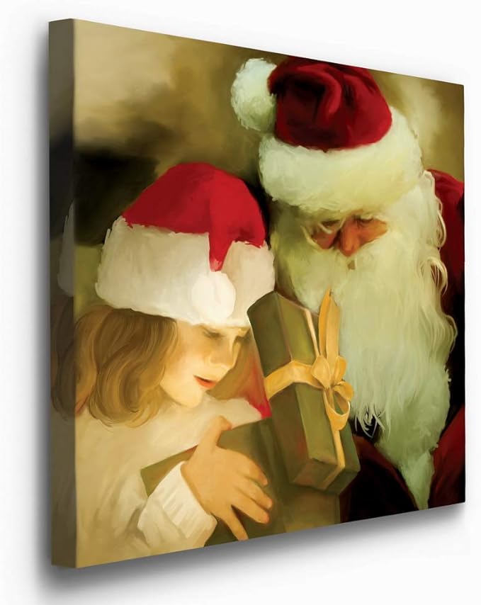 Renditions Gallery A Gift from Santa Wall Art, Little Girl with Present, Winter Artwork, Holiday Decor, Red & White, Premium Gallery Wrapped Canvas, Ready to Hang, 40 in H x 40 in W, Made in America