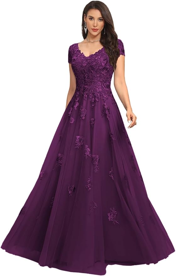 Mother of The Bride Dresses Sleeve Laces Applique V Neck Evening Gowns Cap Sleeves Grandmother of The Groom Dress