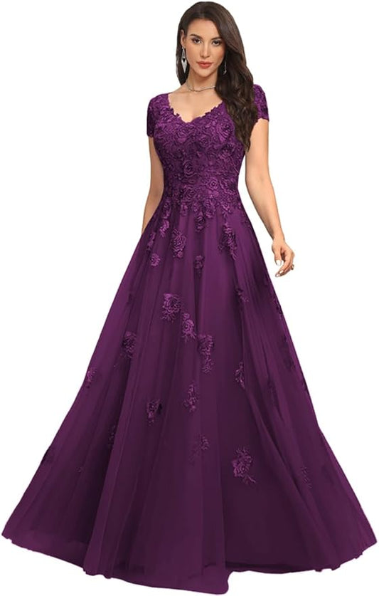 Mother of The Bride Dresses Sleeve Laces Applique V Neck Evening Gowns Cap Sleeves Grandmother of The Groom Dress