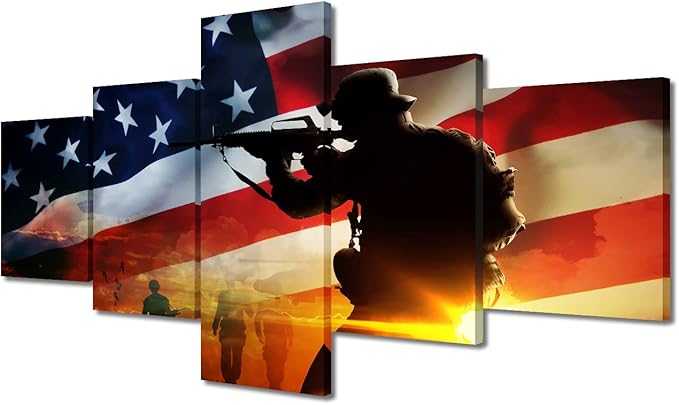 American Flag Wall Art American Soldier with Gun Military Family Canvas Wall Art Canvas Prints Gallery Wrap Modern Home Decor Artwork 5 Panels for Home and Office Framed Ready to Hang 50"Wx24"H