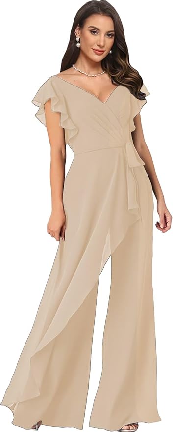 Chiffon Mother of The Bride Jumpsuits for Women Asymmetrical Pant Suits Flutter Sleeve V Neck Formal Evening Outfits