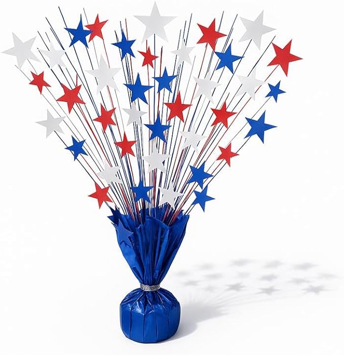 PMU 12Pc Patriotic Bursting Star Centerpiece For Table Décor, Table Balloon Weights for Veterans, Independence Day, Red, White & Blue | 15in
