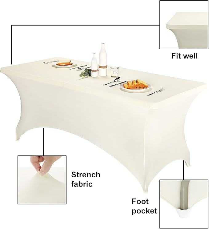 FORLIFE 4Pack Spandex Table Covers，Fitted Tablecloth for Rectangular Tables, Stretch Patio Table Covers, Universal Spandex Table Cover for Wedding, Banquet, Party (8ft, Ivory)