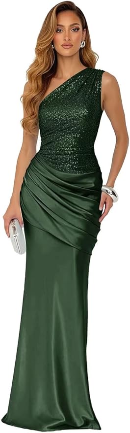 Sparkly Sequins Mermaid Prom Dress 2026 for Women Long Satin One Shoulder Asymmetrical Pleated Formal Evening Gown