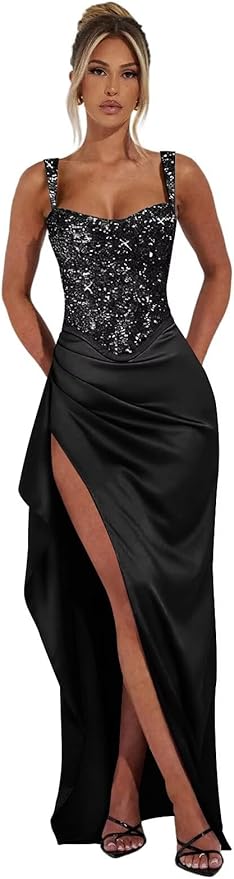 Basgute Sparkly Sequin Prom Dresses for Women 2026 Mermaid Corset Long Slit Ball Gown Formal Evening Party Dress